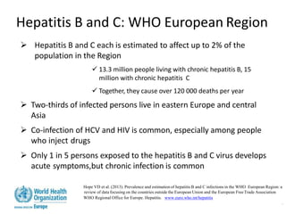 Hepatitis B and C: WHO European Region
 Hepatitis B and C each is estimated to affect up to 2% of the
population in the Region
 13.3 million people living with chronic hepatitis B, 15
million with chronic hepatitis C
 Together, they cause over 120 000 deaths per year
 Two-thirds of infected persons live in eastern Europe and central
Asia
 Co-infection of HCV and HIV is common, especially among people
who inject drugs
 Only 1 in 5 persons exposed to the hepatitis B and C virus develops
acute symptoms,but chronic infection is common
Hope VD et al. (2013). Prevalence and estimation of hepatitis B and C infections in the WHO
European Region: a review of data focusing on the countries outside the European Union and
the European FreeTrade Association
WHO Regional Office for Europe. Hepatitis.
Hope VD et al. (2013). Prevalence and estimation of hepatitis B and C infections in the WHO European Region: a
review of data focusing on the countries outside the European Union and the European FreeTrade Association
WHO Regional Office for Europe. Hepatitis. . www.euro.who.int/hepatitis
.
 