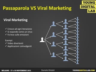 Passaparola VS Viral Marketing

Viral Marketing

 Cresce ad ogni iterazione
 Si espande come un virus
 Fa leva sulle em...