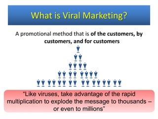 What is Viral Marketing?
A promotional method that is of the customers, by
customers, and for customers
“Like viruses, take advantage of the rapid
multiplication to explode the message to thousands –
or even to millions”
 