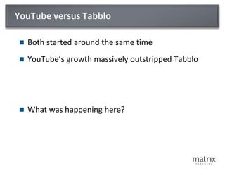 YouTube versus TabbloBoth started around the same timeYouTube’s growth massively outstripped TabbloWhat was happening here?