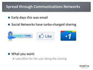 Spread through Communications NetworksEarly days this was emailSocial Networks have turbo-charged sharingWhat you want:Low effort for the user doing the sharing