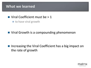 What we learned<br />Viral Coefficient must be > 1<br />to have viral growth<br />Viral Growth is a compounding phenomenon...