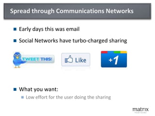 Spread through Communications Networks<br />Early days this was email<br />Social Networks have turbo-charged sharing<br /...
