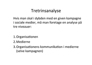 Tretrinsanalyse	
  
Hvis	
  man	
  skal	
  i	
  dybden	
  med	
  en	
  given	
  kampagne	
  
i	
  sociale	
  medier,	
  må	
  man	
  foretage	
  en	
  analyse	
  på	
  
tre	
  niveauer:	
  

1. OrganisaHonen	
  
2. Medierne	
  
3. OrganisaHonens	
  kommunikaHon	
  i	
  medierne	
  
   (selve	
  kampagnen)	
  
 