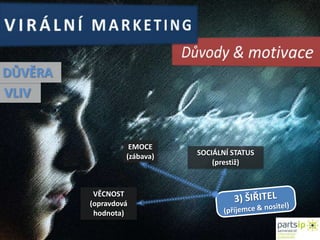 VIRÁLNÍ MARKETINGDůvody & motivaceDŮVĚRAVLIVEMOCE  (zábava)SOCIÁLNÍ STATUS (prestiž)VĚCNOST (opravdová hodnota)3) ŠIŘITEL(příjemce & nositel)
