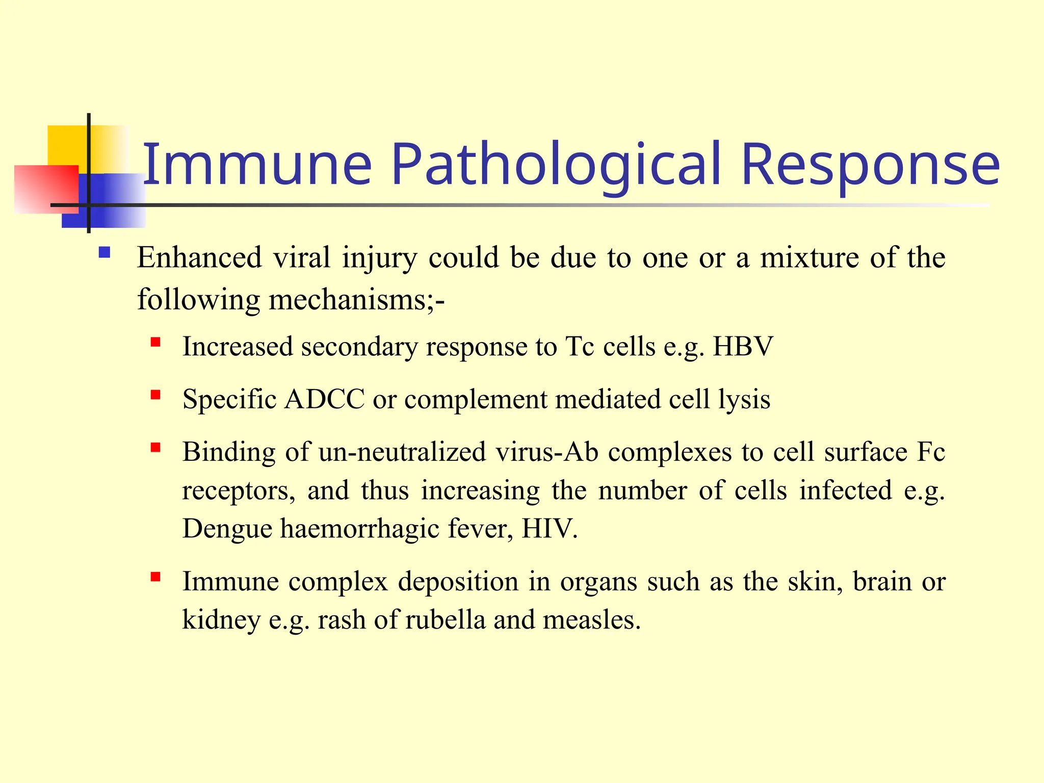 Immune Pathological Response
 Enhanced viral injury could be due to one or a mixture of the
following mechanisms;-
 Increased secondary response to Tc cells e.g. HBV
 Specific ADCC or complement mediated cell lysis
 Binding of un-neutralized virus-Ab complexes to cell surface Fc
receptors, and thus increasing the number of cells infected e.g.
Dengue haemorrhagic fever, HIV.
 Immune complex deposition in organs such as the skin, brain or
kidney e.g. rash of rubella and measles.
 