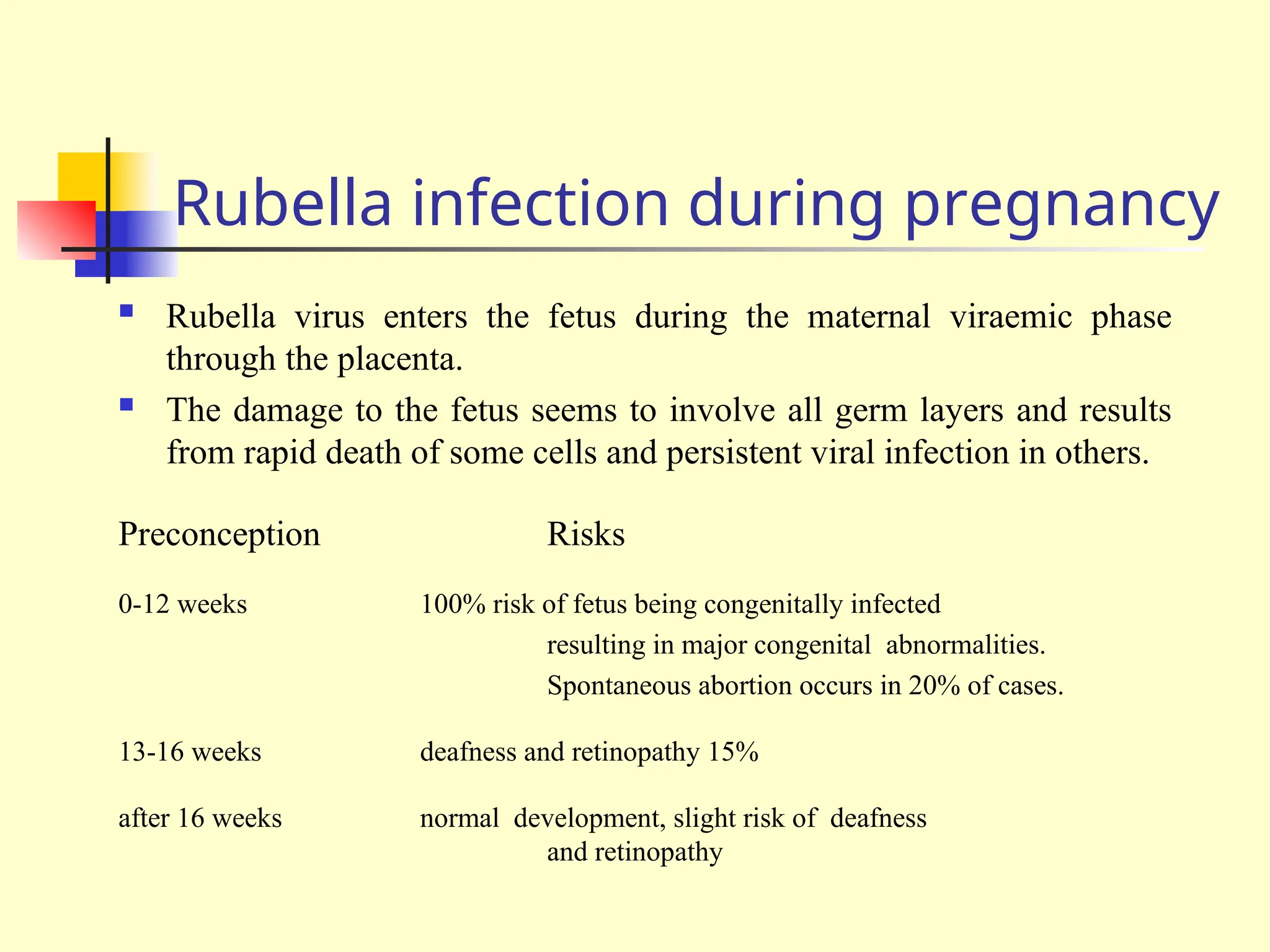 Rubella infection during pregnancy
 Rubella virus enters the fetus during the maternal viraemic phase
through the placenta.
 The damage to the fetus seems to involve all germ layers and results
from rapid death of some cells and persistent viral infection in others.
Preconception Risks
0-12 weeks 100% risk of fetus being congenitally infected
resulting in major congenital abnormalities.
Spontaneous abortion occurs in 20% of cases.
13-16 weeks deafness and retinopathy 15%
after 16 weeks normal development, slight risk of deafness
and retinopathy
 