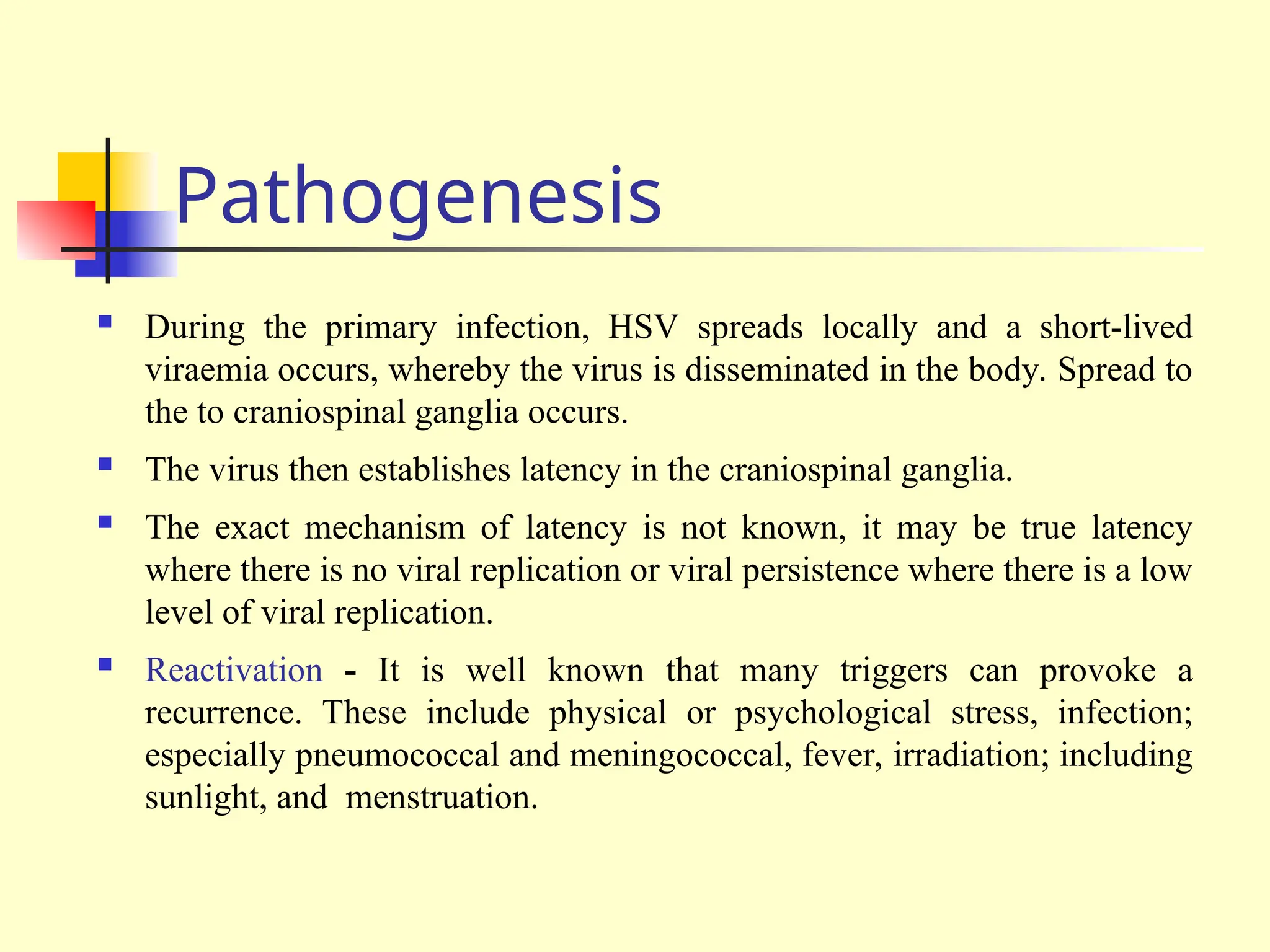 Pathogenesis
 During the primary infection, HSV spreads locally and a short-lived
viraemia occurs, whereby the virus is disseminated in the body. Spread to
the to craniospinal ganglia occurs.
 The virus then establishes latency in the craniospinal ganglia.
 The exact mechanism of latency is not known, it may be true latency
where there is no viral replication or viral persistence where there is a low
level of viral replication.
 Reactivation - It is well known that many triggers can provoke a
recurrence. These include physical or psychological stress, infection;
especially pneumococcal and meningococcal, fever, irradiation; including
sunlight, and menstruation.
 