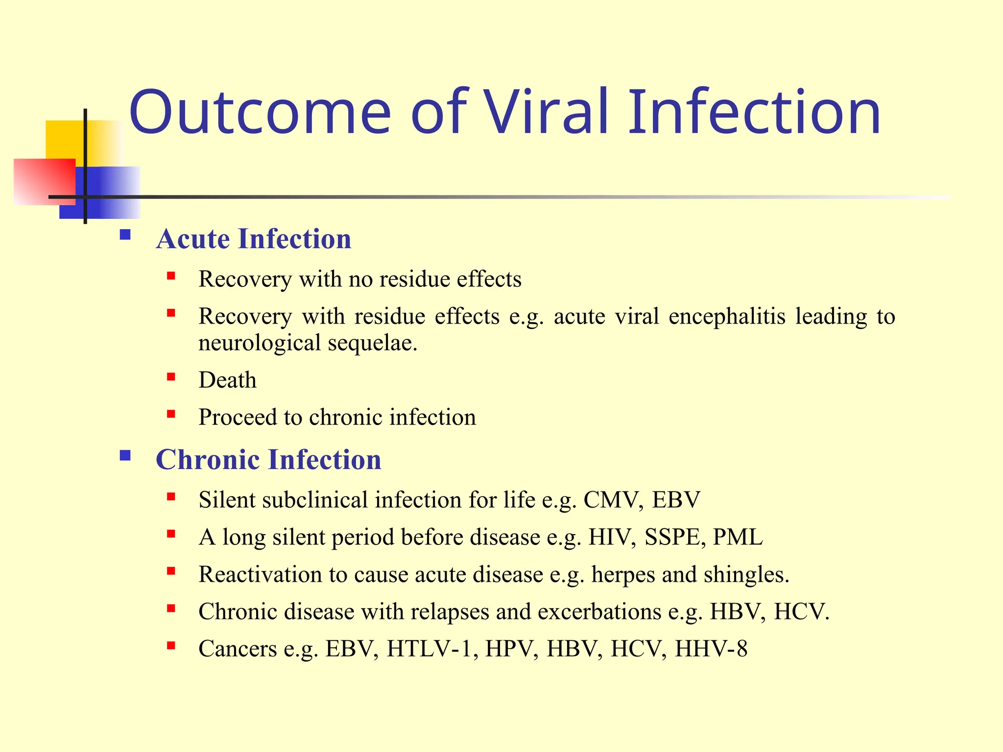 Outcome of Viral Infection
 Acute Infection
 Recovery with no residue effects
 Recovery with residue effects e.g. acute viral encephalitis leading to
neurological sequelae.
 Death
 Proceed to chronic infection
 Chronic Infection
 Silent subclinical infection for life e.g. CMV, EBV
 A long silent period before disease e.g. HIV, SSPE, PML
 Reactivation to cause acute disease e.g. herpes and shingles.
 Chronic disease with relapses and excerbations e.g. HBV, HCV.
 Cancers e.g. EBV, HTLV-1, HPV, HBV, HCV, HHV-8
 