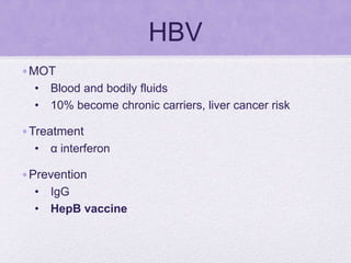 HBV
•MOT
• Blood and bodily fluids
• 10% become chronic carriers, liver cancer risk
•Treatment
• α interferon
•Prevention
• IgG
• HepB vaccine
 