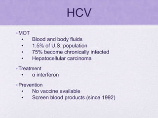 HCV
•MOT
• Blood and body fluids
• 1.5% of U.S. population
• 75% become chronically infected
• Hepatocellular carcinoma
•Treatment
• α interferon
•Prevention
• No vaccine available
• Screen blood products (since 1992)
 