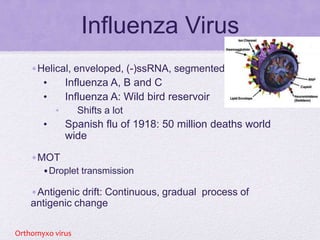 Influenza Virus
•Helical, enveloped, (-)ssRNA, segmented
• Influenza A, B and C
• Influenza A: Wild bird reservoir
• Shifts a lot
• Spanish flu of 1918: 50 million deaths world
wide
•MOT
•Droplet transmission
•Antigenic drift: Continuous, gradual process of
antigenic change
Orthomyxo virus
 