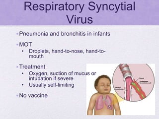 Respiratory Syncytial
Virus
•Pneumonia and bronchitis in infants
•MOT
• Droplets, hand-to-nose, hand-to-
mouth
•Treatment
• Oxygen, suction of mucus or
intubation if severe
• Usually self-limiting
•No vaccine
 