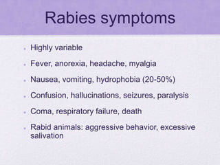 Rabies symptoms
 Highly variable
 Fever, anorexia, headache, myalgia
 Nausea, vomiting, hydrophobia (20-50%)
 Confusion, hallucinations, seizures, paralysis
 Coma, respiratory failure, death
 Rabid animals: aggressive behavior, excessive
salivation
 