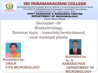 Semester –IV
Biotechnology
Seminar topic : insectide,herbicideand
viral resistant plants
Presented by:
UMA.R
II PG MICROBIOLOGY
Submitted to:
Dr. G.
RAMANATHAN
DEPARTMENT OF
MICROBIOLOGY
 