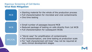 Rigorous Screening of Cell Banks
Viral Risk Mitigation
• Starting material for the whole of the production process
• Full characterisation for microbial and viral contaminants
• One time testing
MCB
• Small number of passages beyond MCB
• Reduced package of testing on cells directly from 1st WCB
• Full characterisation for subsequent WCBs
WCB
• “Worst case” for amplification of contaminants
• Full characterisation, one time testing at production scale
• For “well characterized cell lines” may not be required at
early clinical development stages
EPC/CAL
19
19
 