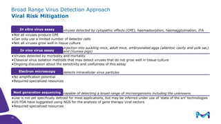 Broad Range Virus Detection Approach
Viral Risk Mitigation
viruses detected by cytopathic effects (CPE), haemadsorption, haemagglutination, IFAIn vitro virus assay
•Not all viruses produce CPE
•Can only use a limited number of detector cells
•Not all viruses grow well in tissue culture
injection into suckling mice, adult mice, embryonated eggs (allantoic cavity and yolk sac)
and (Guinea pigs)In vivo virus assay
•Viruses detected by morbidity and mortality
•Classical virus isolation methods that may detect viruses that do not grow well in tissue culture
•Ongoing discussion about the sensitivity and usefulness of this assay
detects intracellular virus particlesElectron microscopy
•No amplification potential
•Required specialized resources
capable of detecting a broad range of microorganisms including the unknownsNext generation sequencing
•Use is not yet specifically defined for most applications, but may be inferred under use of ‘state of the art’ technologies
•US FDA have suggested using NGS for the analysis of gene therapy viral vectors
•Required specialized resources
20
 