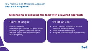 Raw Material Risk Mitigation Approach
Viral Risk Mitigation
Eliminating or reducing the load with a layered approach
“Point-of-origin”
• Low risk vendors
• Pretreated products (HTST pre-treated
glucose or gamma irradiated serum)
• Material origin (serum sourcing for
BSE mitigation)
“Point-of-use”
• Point of origin prevention will not
mitigate all components
• Virus barrier technologies
• Mitigate contamination from shipping
28
28
 