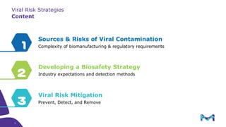 Viral Risk Strategies
Content
2
1
Sources & Risks of Viral Contamination
Complexity of biomanufacturing & regulatory requirements
Developing a Biosafety Strategy
Industry expectations and detection methods
3
Viral Risk Mitigation
Prevent, Detect, and Remove
3
3
 