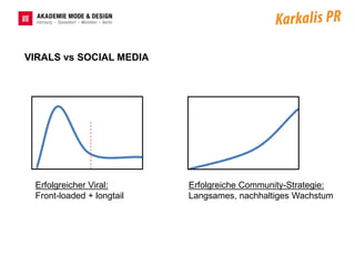VIRALS vs SOCIAL MEDIA




 Erfolgreicher Viral:      Erfolgreiche Community-Strategie:
 Front-loaded + longtail   Langsames, nachhaltiges Wachstum
 
