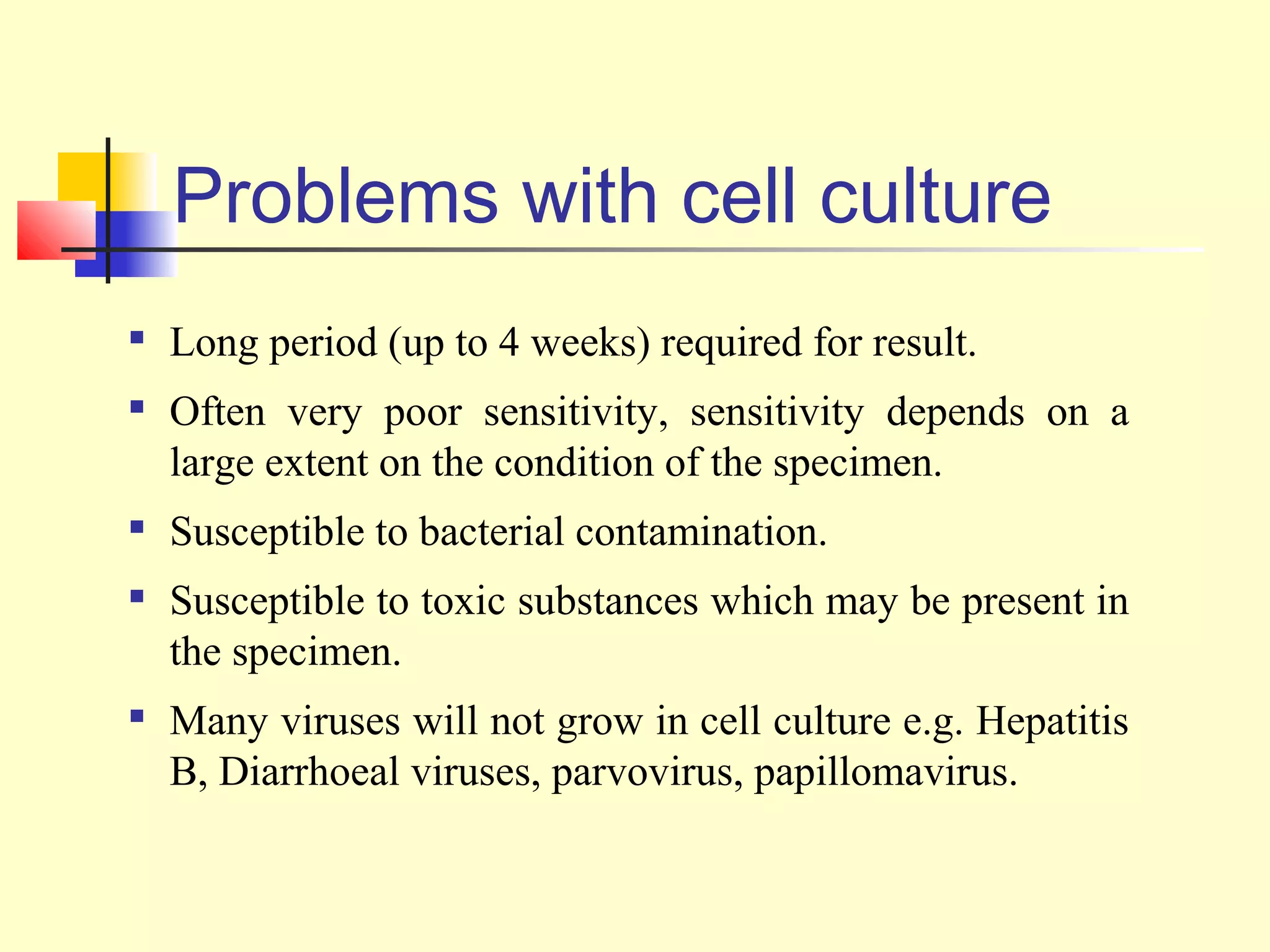 Problems with cell culture

    Long period (up to 4 weeks) required for result.

    Often very poor sensitivity, sensitivity depends on a
    large extent on the condition of the specimen.

    Susceptible to bacterial contamination.
   Susceptible to toxic substances which may be present in
    the specimen.
   Many viruses will not grow in cell culture e.g. Hepatitis
    B, Diarrhoeal viruses, parvovirus, papillomavirus.
 
