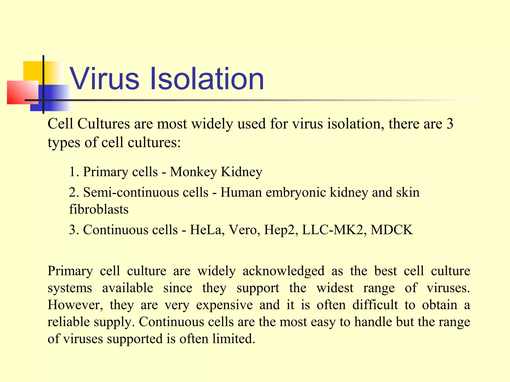 Virus Isolation
Cell Cultures are most widely used for virus isolation, there are 3
types of cell cultures:
   1. Primary cells - Monkey Kidney
   2. Semi-continuous cells - Human embryonic kidney and skin
   fibroblasts
   3. Continuous cells - HeLa, Vero, Hep2, LLC-MK2, MDCK

Primary cell culture are widely acknowledged as the best cell culture
systems available since they support the widest range of viruses.
However, they are very expensive and it is often difficult to obtain a
reliable supply. Continuous cells are the most easy to handle but the range
of viruses supported is often limited.
 