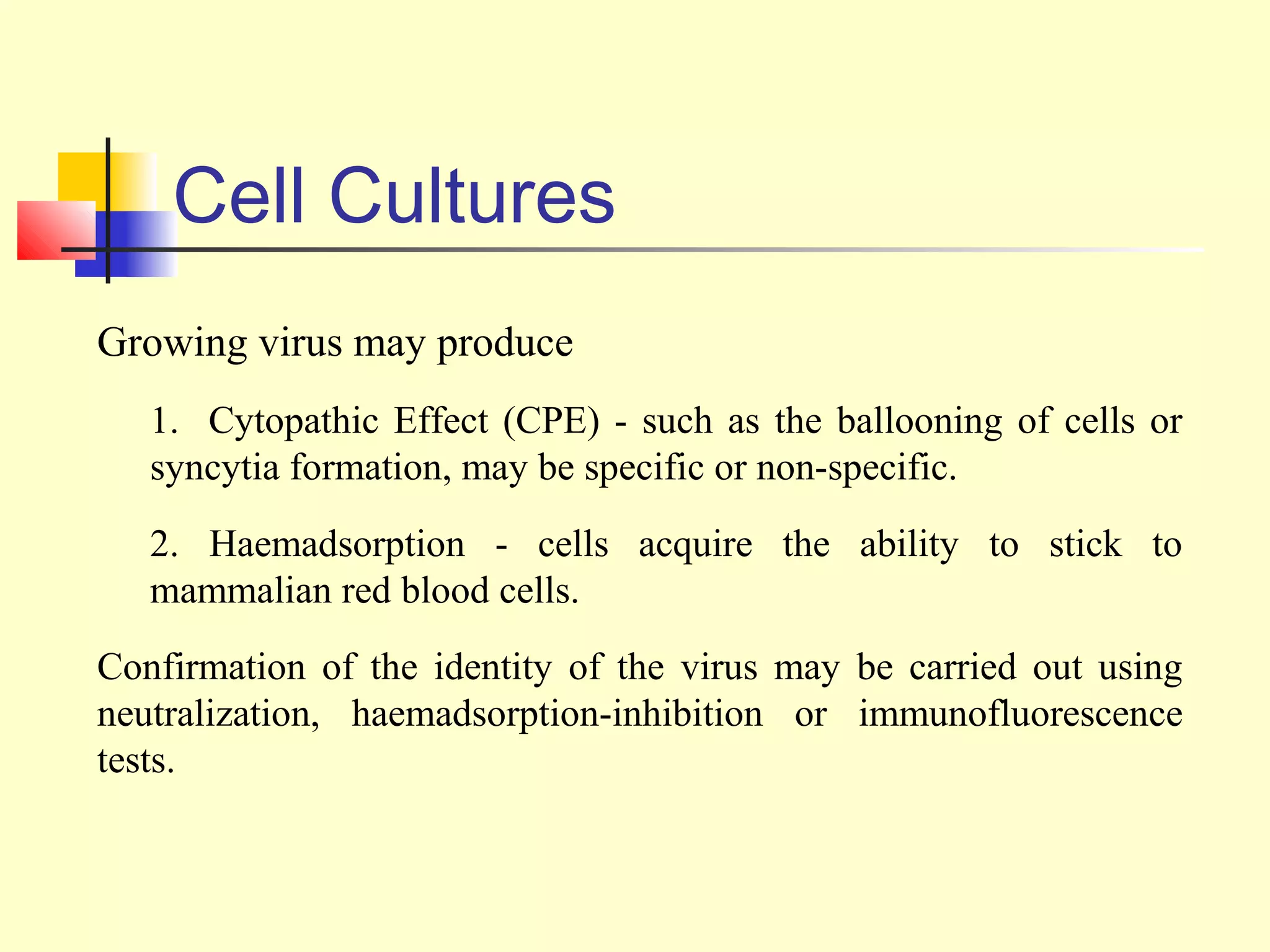 Cell Cultures
Growing virus may produce
   1. Cytopathic Effect (CPE) - such as the ballooning of cells or
   syncytia formation, may be specific or non-specific.
   2. Haemadsorption - cells acquire the ability to stick to
   mammalian red blood cells.
Confirmation of the identity of the virus may be carried out using
neutralization, haemadsorption-inhibition or immunofluorescence
tests.
 