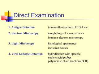 Direct Examination
1. Antigen Detection        immunofluorescence, ELISA etc.
2. Electron Microscopy      morphology of virus particles
                            immune electron microscopy
3. Light Microscopy         histological appearance
                            inclusion bodies
4. Viral Genome Detection   hybridization with specific
                            nucleic acid probes
                            polymerase chain reaction (PCR)
 