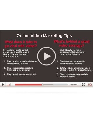 What does it take to
go viral with video?
In order for a video to go viral,
people have to want to share it.
Here are 3 factors that most
viral videos share:

What's behind a great
video strategy?
Viral videos for marketing
purposes should include one
or more of the following:

1. They are short; anywhere between
10 seconds to 3 minutes.

1. Strong product placement in
socially relevant situation

2. They evoke emotion; most are
funny, sad or inspirational

2. Catchy and socially relevant catch
phrase or tagline for product/service

3. They capitalize on a current trend

3. Shocking/unforgettable, socially
relevant storyline

 