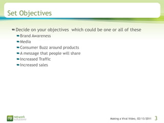 Set Objectives Decide on your objectives  which could be one or all of these Brand Awareness Media  Consumer Buzz around products A message that people will share Increased Traffic Increased sales 