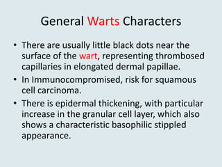 General Warts Characters
• There are usually little black dots near the
surface of the wart, representing thrombosed
capillaries in elongated dermal papillae.
• In Immunocompromised, risk for squamous
cell carcinoma.
• There is epidermal thickening, with particular
increase in the granular cell layer, which also
shows a characteristic basophilic stippled
appearance.
 