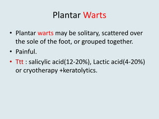 Plantar Warts
• Plantar warts may be solitary, scattered over
the sole of the foot, or grouped together.
• Painful.
• Ttt : salicylic acid(12-20%), Lactic acid(4-20%)
or cryotherapy +keratolytics.
 