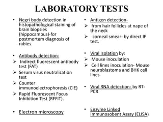 LABORATORY TESTS
• Negri body detection in
histopathological staining of
brain biopsies
(hippocampus)-for
postmortem diagnosis of
rabies.
• Antibody detection-
 Indirect fluorescent antibody
test (FAT)
 Serum virus neutralization
test
 Counter
immunoelectrophoresis (CIE)
 Rapid Fluorescent Focus
Inhibition Test (RFFIT).
• Electron microscopy
• Antigen detection-
 from hair follicles at nape of
the neck
 corneal smear- by direct IF
test.
• Viral Isolation by:
 Mouse inoculation
 Cell lines inoculation- Mouse
neuroblastoma and BHK cell
lines
• Viral RNA detection- by RT-
PCR
• Enzyme Linked
Immunosobent Assay (ELISA)
 