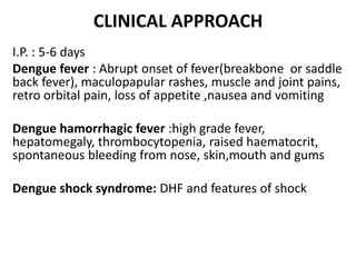 CLINICAL APPROACH
I.P. : 5-6 days
Dengue fever : Abrupt onset of fever(breakbone or saddle
back fever), maculopapular rashes, muscle and joint pains,
retro orbital pain, loss of appetite ,nausea and vomiting
Dengue hamorrhagic fever :high grade fever,
hepatomegaly, thrombocytopenia, raised haematocrit,
spontaneous bleeding from nose, skin,mouth and gums
Dengue shock syndrome: DHF and features of shock
 