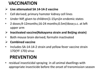 VACCINATION
 Live attenuated SA 14-14-2 vaccine
• Cell derived; primary hamster kidney cell lines
• Under NIP, given to children(1-15yrs)in endemic states
• 2 doses;9-12months;16-24 months;0.5ml/dose;s.c. at left
upper arm
 Inactivated vaccine(Nakayama strain and Beijing strain)
• Both mouse brain derived; formalin inactivated
 Combined vaccine
• Includes SA-14-14-2 strain and yellow fever vaccine strain
17D(YF 17D) virus
PREVENTION
• residual insecticidal spraying in all animal dwellings with
appropriate insecticide before the onset of transmission season
 