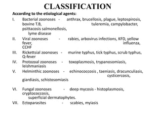 CLASSIFICATION
According to the etiological agents:
I. Bacterial zoonoses - anthrax, brucellosis, plague, leptospirosis,
bovine T.B, tuleremia, campylobacter,
psittacosis salmonellosis,
lyme disease
II. Viral zoonoses - rabies, arbovirus infections, KFD, yellow
fever, influenza,
CCHF
III. Rickettsial zoonoses - murine typhus, tick typhus, scrub typhus,
Q-fever
IV. Protozoal zoonoses - toxoplasmosis, trypanosomiasis,
leishmaniasis
V. Helminthic zoonoses - echinococcosis , taeniasis, dracunculiasis,
cysticercosis,
giardiasis, schistosomiasis
VI. Fungal zoonoses - deep mycosis - histoplasmosis,
cryptococcosis,
superficial dermatophytes.
VII. Ectoparasites - scabies, myiasis
 