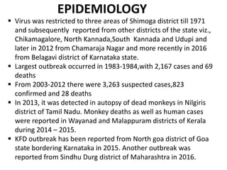 EPIDEMIOLOGY
 Virus was restricted to three areas of Shimoga district till 1971
and subsequently reported from other districts of the state viz.,
Chikamagalore, North Kannada,South Kannada and Udupi and
later in 2012 from Chamaraja Nagar and more recently in 2016
from Belagavi district of Karnataka state.
 Largest outbreak occurred in 1983-1984,with 2,167 cases and 69
deaths
 From 2003-2012 there were 3,263 suspected cases,823
confirmed and 28 deaths
 In 2013, it was detected in autopsy of dead monkeys in Nilgiris
district of Tamil Nadu. Monkey deaths as well as human cases
were reported in Wayanad and Malappuram districts of Kerala
during 2014 – 2015.
 KFD outbreak has been reported from North goa district of Goa
state bordering Karnataka in 2015. Another outbreak was
reported from Sindhu Durg district of Maharashtra in 2016.
 