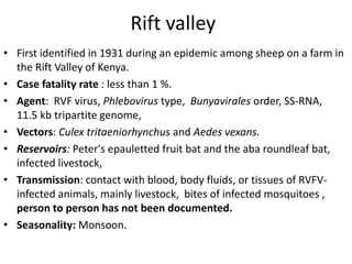 Rift valley
• First identified in 1931 during an epidemic among sheep on a farm in
the Rift Valley of Kenya.
• Case fatality rate : less than 1 %.
• Agent: RVF virus, Phlebovirus type, Bunyavirales order, SS-RNA,
11.5 kb tripartite genome,
• Vectors: Culex tritaeniorhynchus and Aedes vexans.
• Reservoirs: Peter's epauletted fruit bat and the aba roundleaf bat,
infected livestock,
• Transmission: contact with blood, body fluids, or tissues of RVFV-
infected animals, mainly livestock, bites of infected mosquitoes ,
person to person has not been documented.
• Seasonality: Monsoon.
 