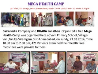 At- Vani, Ta- Virago, Dist- Ahmedabad, Date- 23.03.2014,Time- 10 am to 2.30pm 
Cairn India Company and DHARA Sansthan Organized a free Mega 
Health Camp was organized here at Vani Primary School, Village- 
Vani,Taluka-Viramgam,Dist-Ahmedabad, on sundy, 23.03.2014, Time 
10.30 am to 2.30.pm, 421 Patients examined their health Free 
medicines were provide to them. 
 