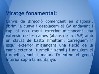 Canvis de direcció començant en diagonal,
obrim la cunya i desplacem el CM endavant i
cap al nou esquí exterior mitjançant una
extensió de les cames (abans de la LMP) amb
un clavat de bastó simultani. Carreguem l’
esquí exterior mitjançant una flexió de la
cama exterior (turmell i genoll) i angulem el
turmell, genoll i maluc. Orientem el genoll
interior cap a la muntanya.
Viratge fonamental:
 