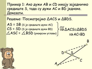 Решење: Посматрајмо ΔАCS и ΔBDS.
AS = SB (S je средиште дужи AC)
CS = SD (S је средиште дужи BD)
АSC = BSD (унакрсни углови)
B
Пример 1: Ако дужи AB и CD имају заједничко
средиште S, тада су дужи AC и BD једнаке.
Доказати.
A
C
D S
⇒ΔACS≅ΔBDS
⇒AC=BD
СУС
 
