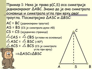 Пример 1: Некa је права p(C,S) оса симетрије
једнакокраког ΔABC. Знамо да је она симетрала
основице и симетрала угла при врху овог
троугла. Посматрајмо ΔASC и ΔBSC:
AC = BC (једнакокраки троугао)
АS = BS (CS je симетрала дужи AB)
CS = CS (заједничка страница)
CAS = CBS (углови на основици)
АSC = BSC (=90º)
АCS = BCS (CS је симетрала
угла при врху)
⇒ΔASC≅ΔBSC
A
C
BS
 