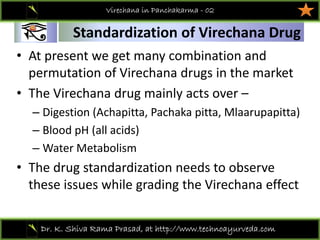 01
Dr. K. Shiva Rama Prasad, at http://www.technoayurveda.com/
Standardization of Virechana Drug
Virechana in Panchakarma - 02
• At present we get many combination and 
permutation of Virechana drugs in the market 
• The Virechana drug mainly acts over –
– Digestion (Achapitta, Pachaka pitta, Mlaarupapitta)
– Blood pH (all acids)
– Water Metabolism 
• The drug standardization needs to observe 
these issues while grading the Virechana effect
 