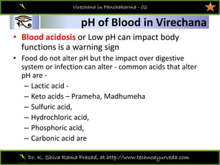 01
Dr. K. Shiva Rama Prasad, at http://www.technoayurveda.com/
pH of Blood in Virechana
Virechana in Panchakarma - 02
• Blood acidosis or Low pH can impact body 
functions is a warning sign 
• Food do not alter pH but the impact over digestive 
system or infection can alter ‐ common acids that alter 
pH are ‐
– Lactic acid ‐
– Keto acids – Prameha, Madhumeha
– Sulfuric acid, 
– Hydrochloric acid, 
– Phosphoric acid, 
– Carbonic acid are
 