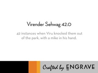 Virender Sehwag 42.0 
42 instances when Viru knocked them 
out of the park, with a mike in his hand. 
 