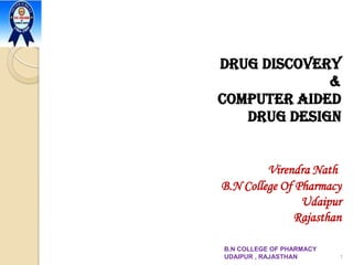 DRUG DISCOVERY
&
COMPUTER AIDED
DRUG DESIGN
Virendra Nath
B.N College Of Pharmacy
Udaipur
Rajasthan
1
B.N COLLEGE OF PHARMACY
UDAIPUR , RAJASTHAN
 