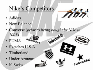 Nike’s Competitors
• Adidas
• New Balance
• Converse (prior to being bought by Nike in
  2003)
• PUMA
• Sketches U.S.A
• Timberland
• Under Armour
• K-Swiss
 