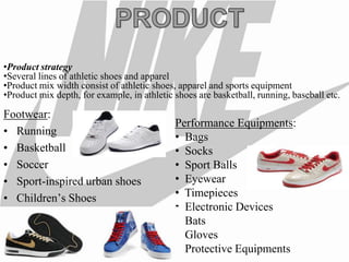 •Product strategy
•Several lines of athletic shoes and apparel
•Product mix width consist of athletic shoes, apparel and sports equipment
•Product mix depth, for example, in athletic shoes are basketball, running, baseball etc.

Footwear:
                                             Performance Equipments:
• Running
                                             • Bags
• Basketball                                 • Socks
• Soccer                                     • Sport Balls
• Sport-inspired urban shoes                 • Eyewear
• Children’s Shoes                           • Timepieces
                                             • Electronic Devices
                                             • Bats
                                             • Gloves
                                             • Protective Equipments
 