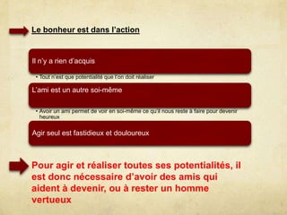 VI. Si l’homme heureux et sage a besoin d’amisSi l’homme est heureux a-t-il besoin d’amis?On prétend que ce ceux qui sont heureux se suffisent à eux-mêmesOr si on a tout, l’amitié ne sert à rien puisque c’est elle qui procure ce qui manque.  Pourtant il est étrange de ne pas associer des amis car c’est le plus grands des biens!De plus l’homme de biens doit répandre ses bienfaits:Il vaut donc mieux que ce soit à des amis qu’à des étrangers!De plus l’homme est un animal politique, il est ainsi fait pour vivre en société et de la même manière mieux vaut que ce soit avec des amis!