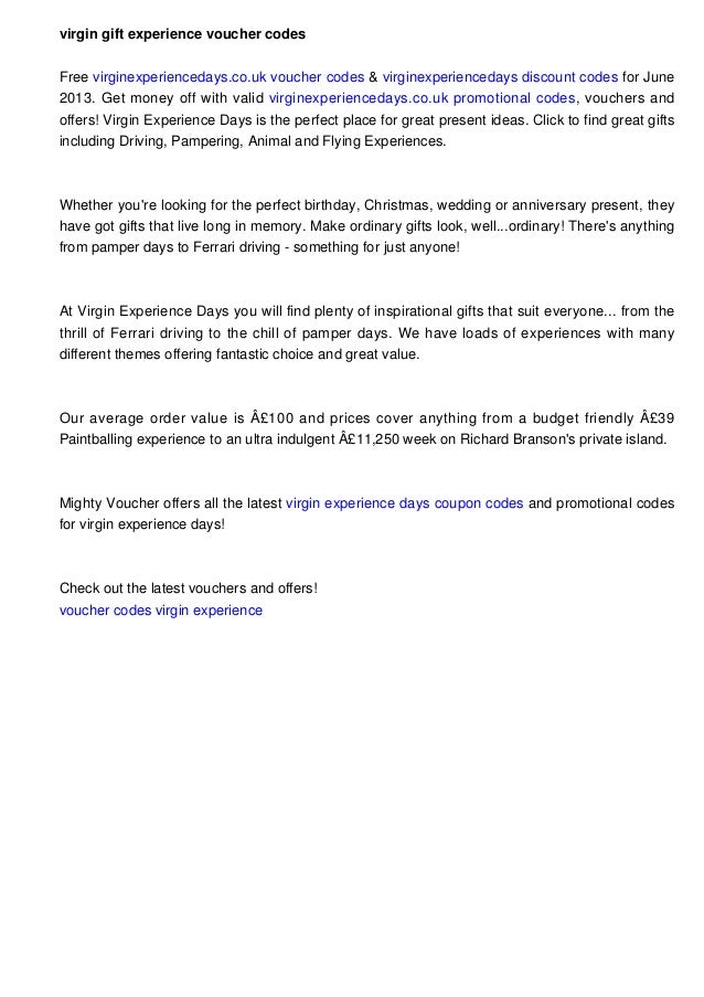 virgin experience days promo code 2013
